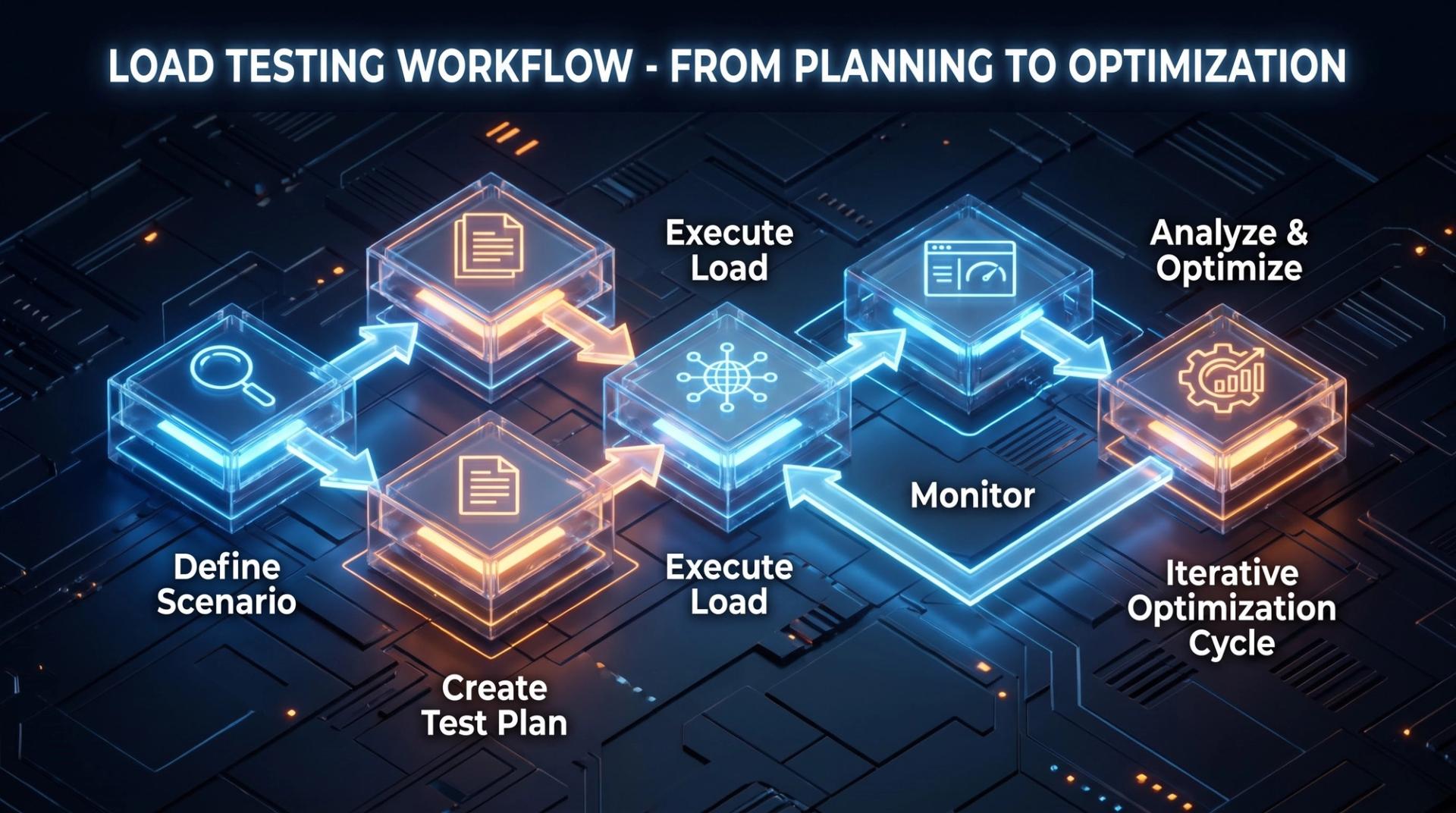 Load testing workflow showing steps: Plan, Execute, Monitor, Analyze, Optimize, and Retest for students and professionals