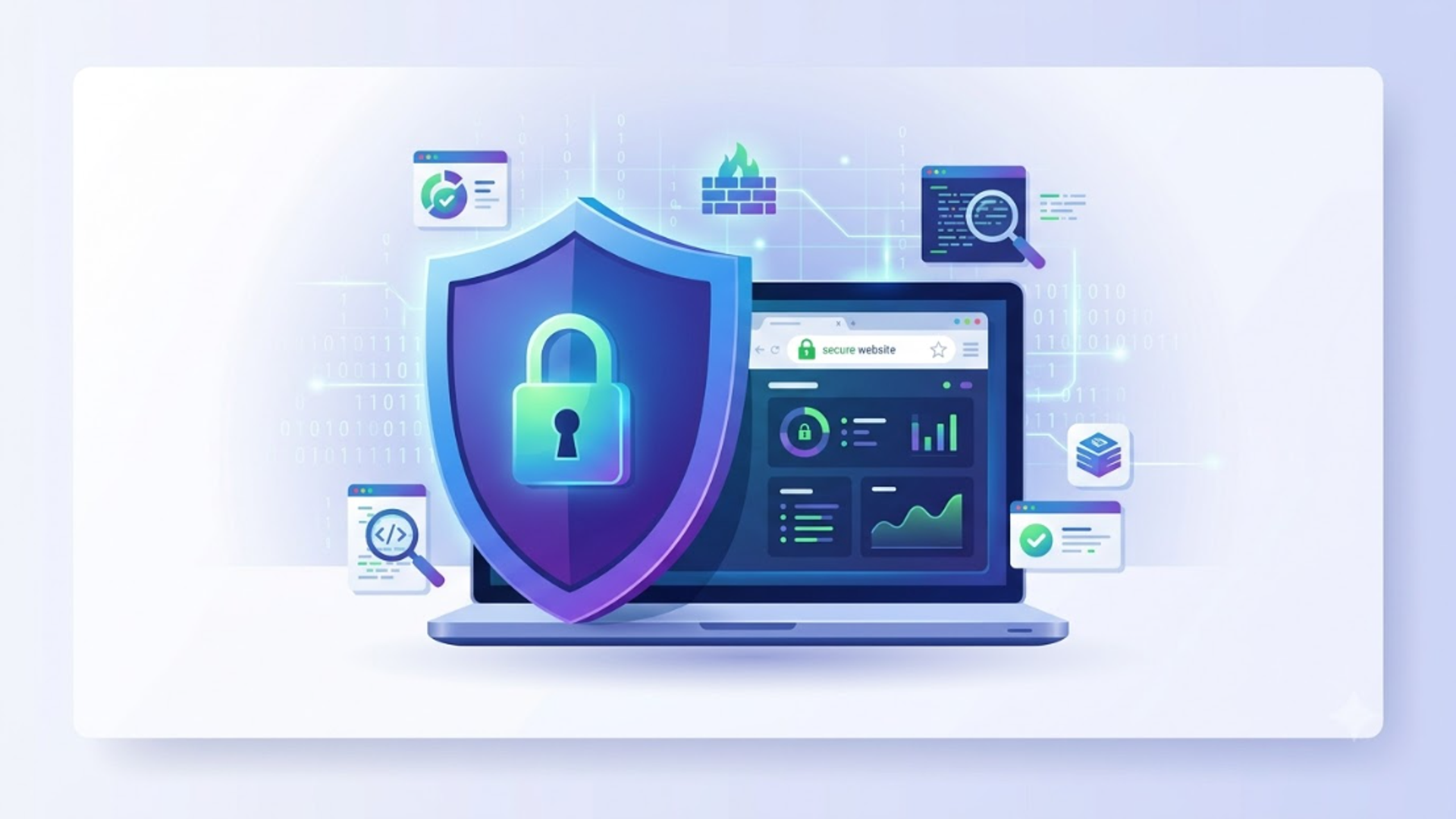 Security testing essentials concept illustration showing a protected website with a digital shield and padlock