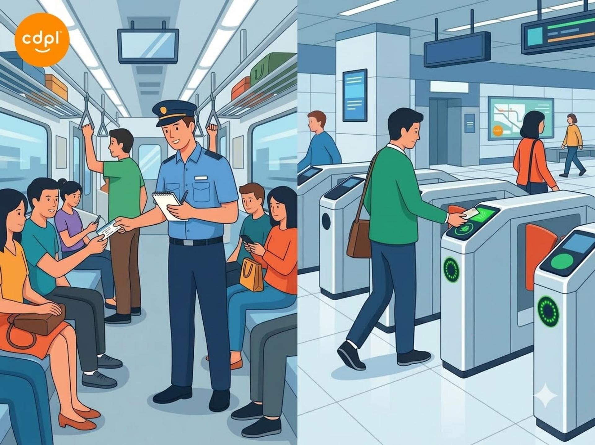 Mumbai local train ticket checker beside a metro gate, comparing manual and automated checking