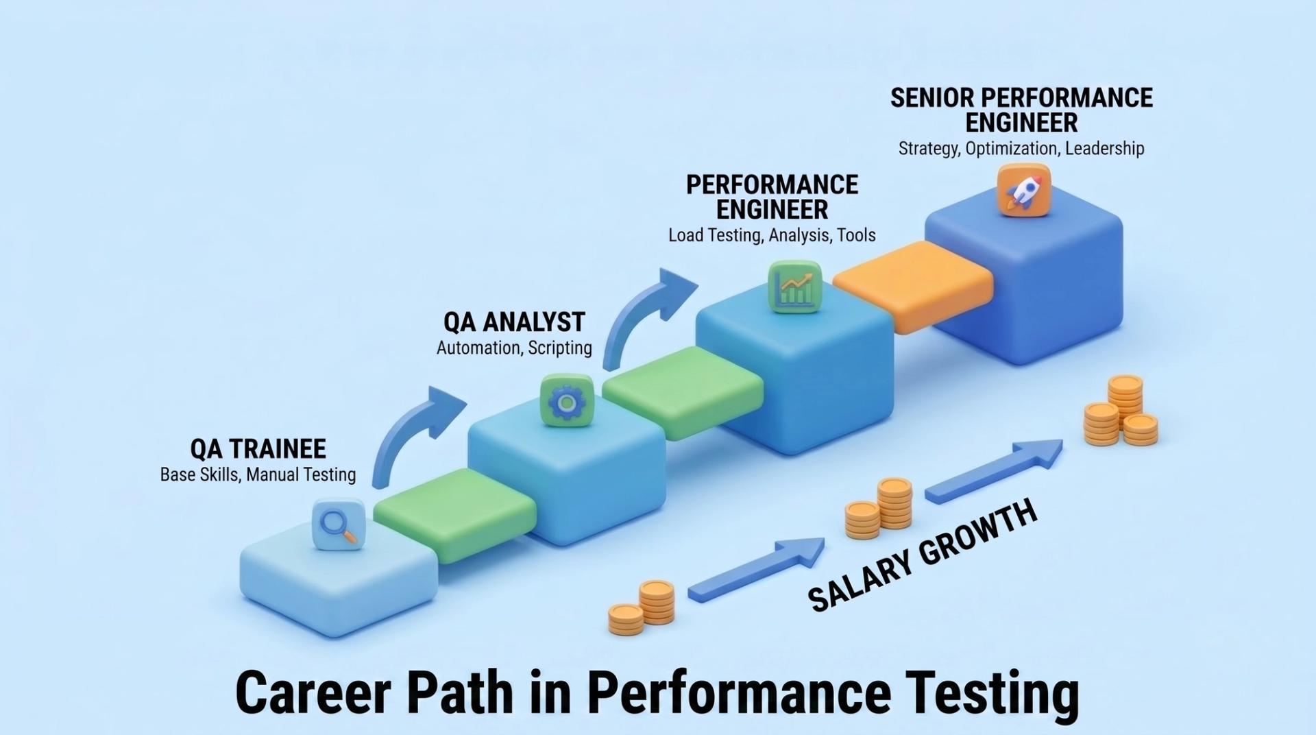 Career progression from QA Trainee to Senior Performance Engineer showing salary growth and skill development stages