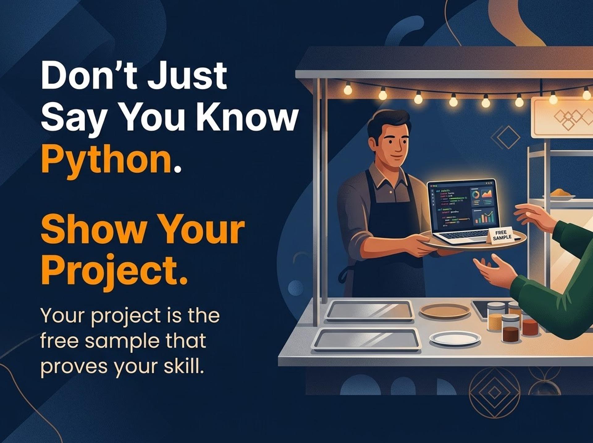 Hands offering a laptop as a free sample of Python skills