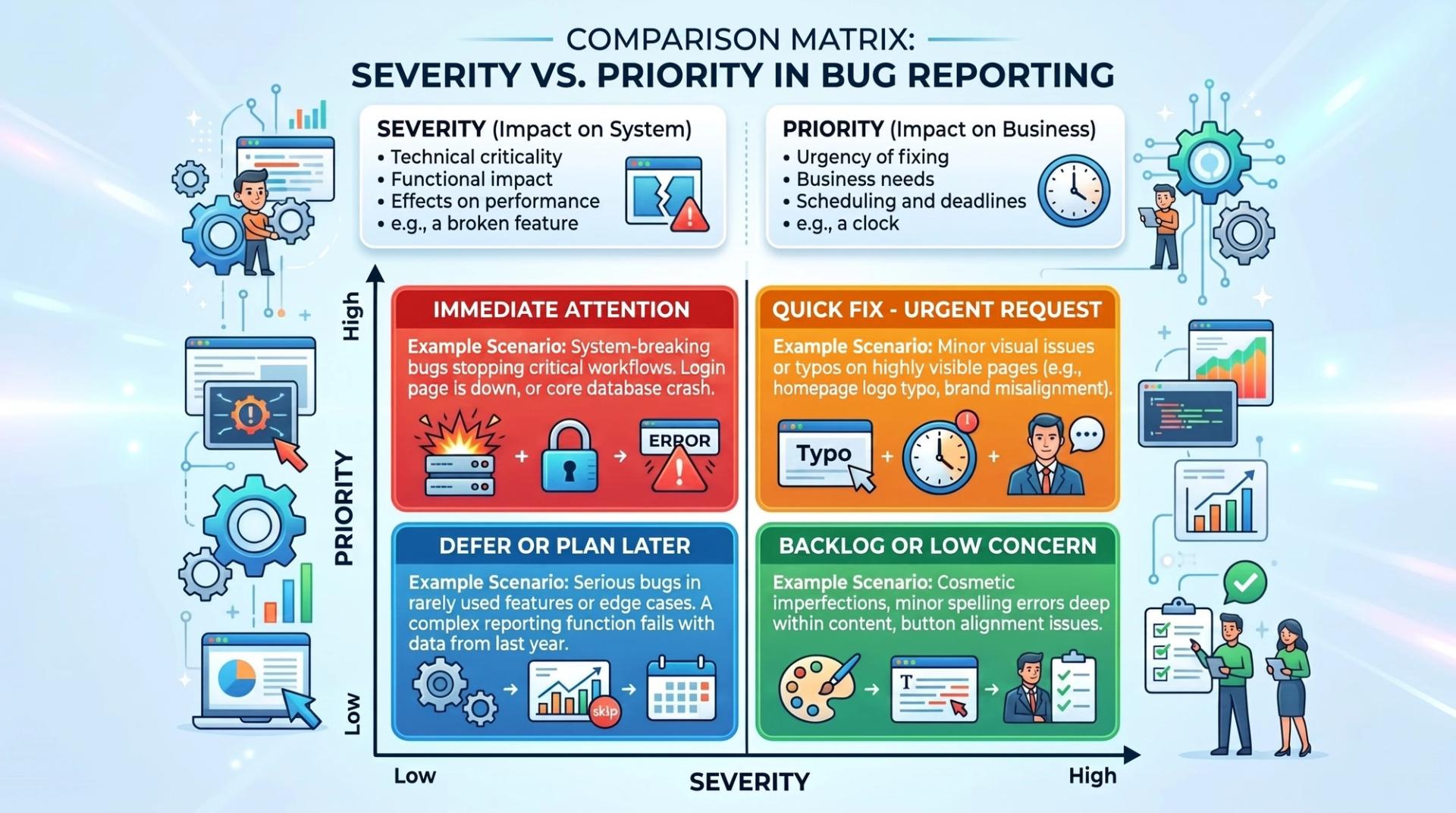 Comparison matrix graphic explaining the difference between severity and priority in bug reporting with example scenarios