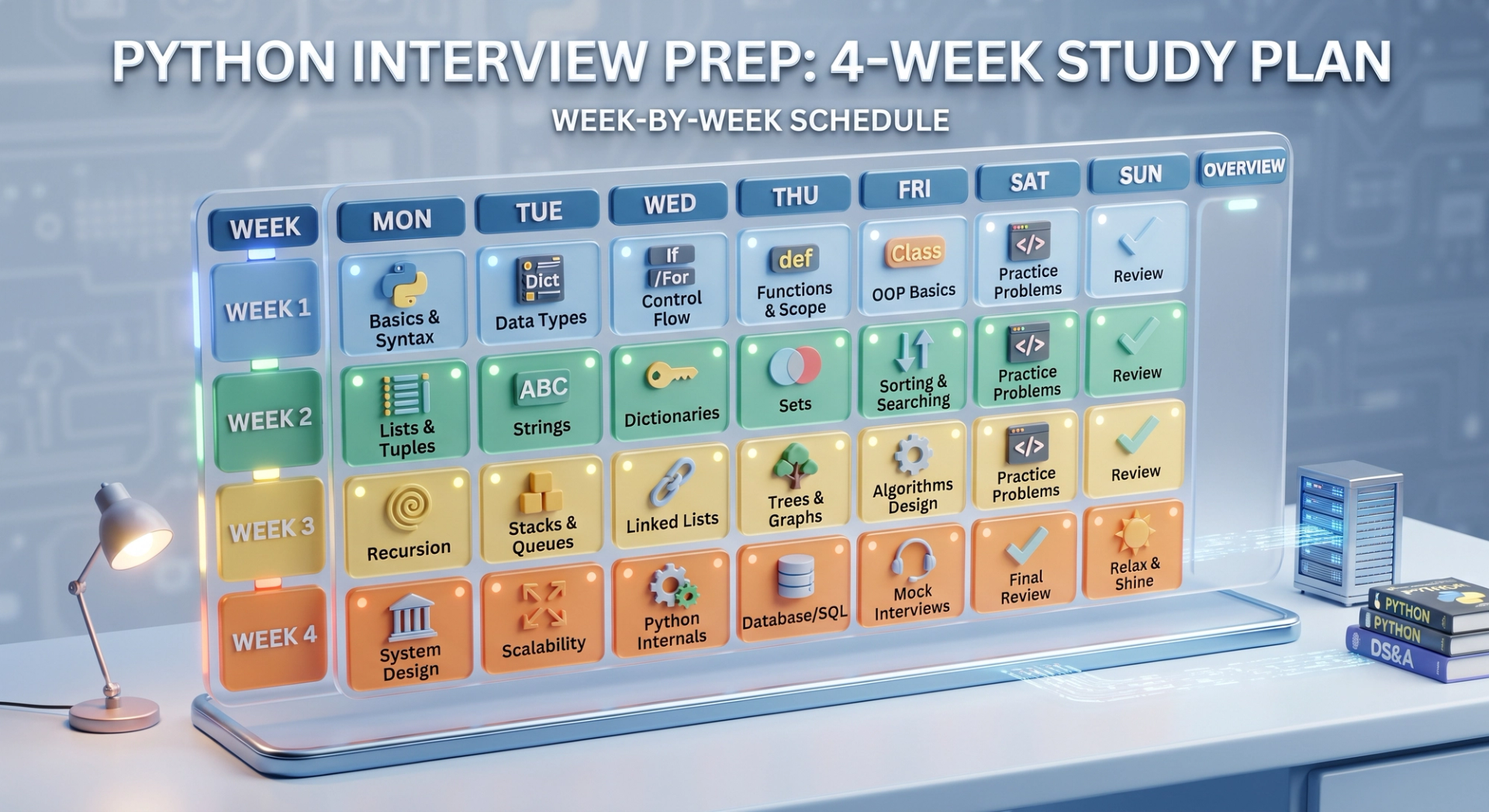 Calendar-style study plan graphic showing a week-by-week Python interview preparation schedule
