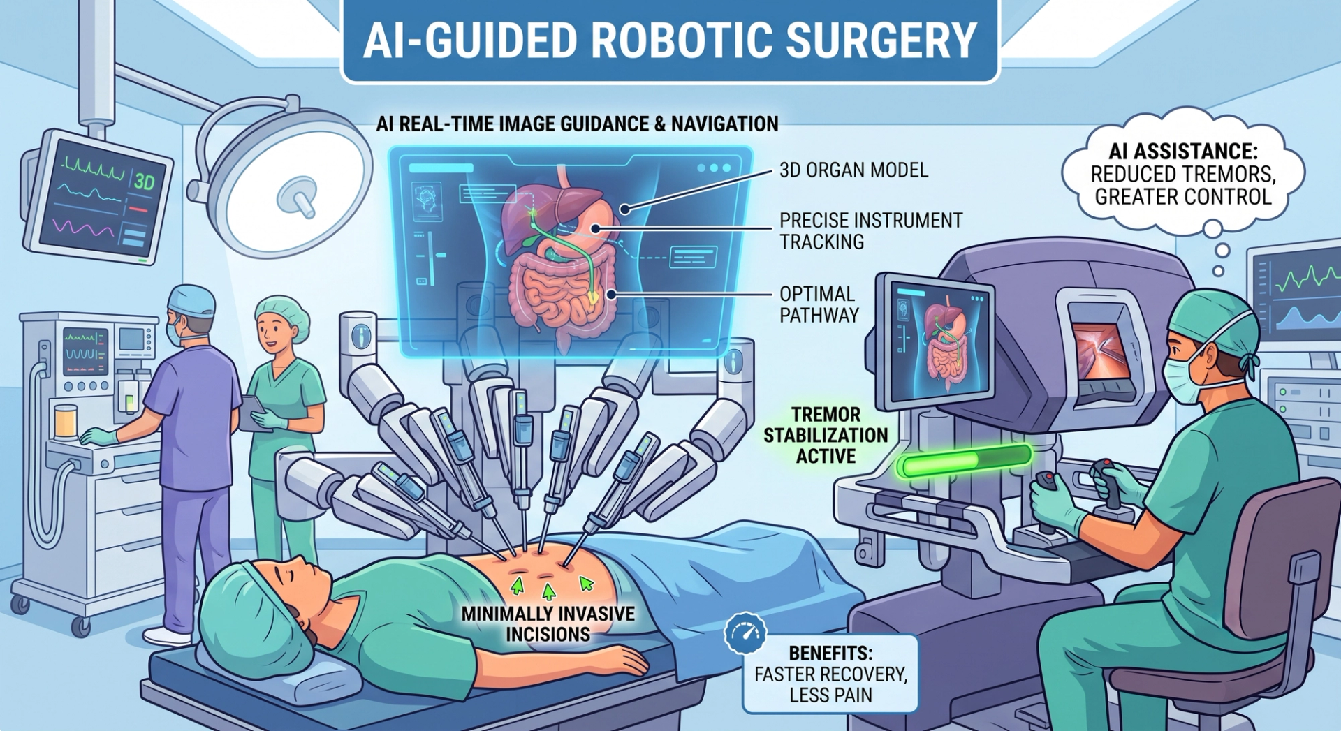 Surgeons using an AI-guided robotic surgery system in an operating room