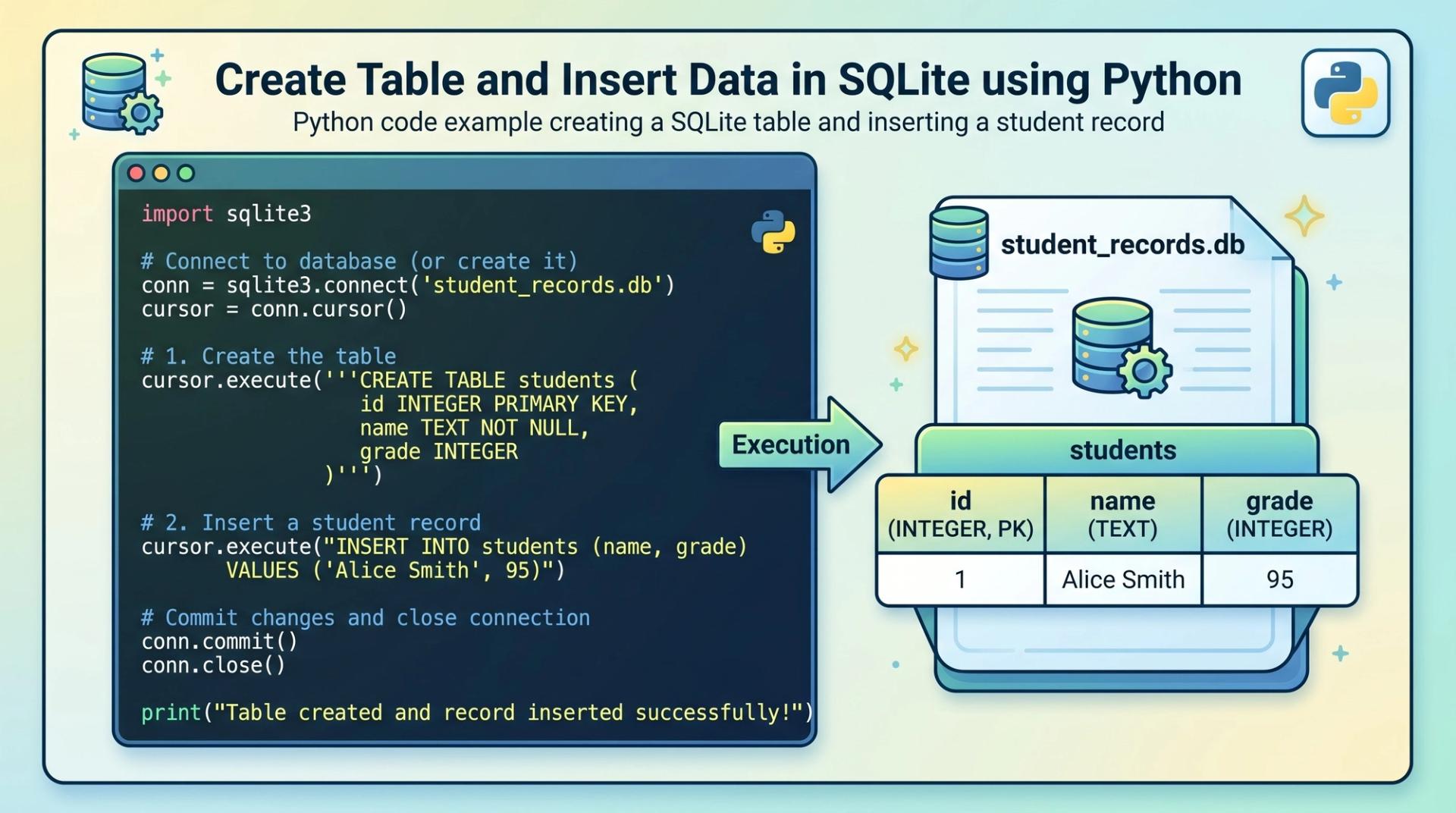 Python code example creating a SQLite table and inserting a student record