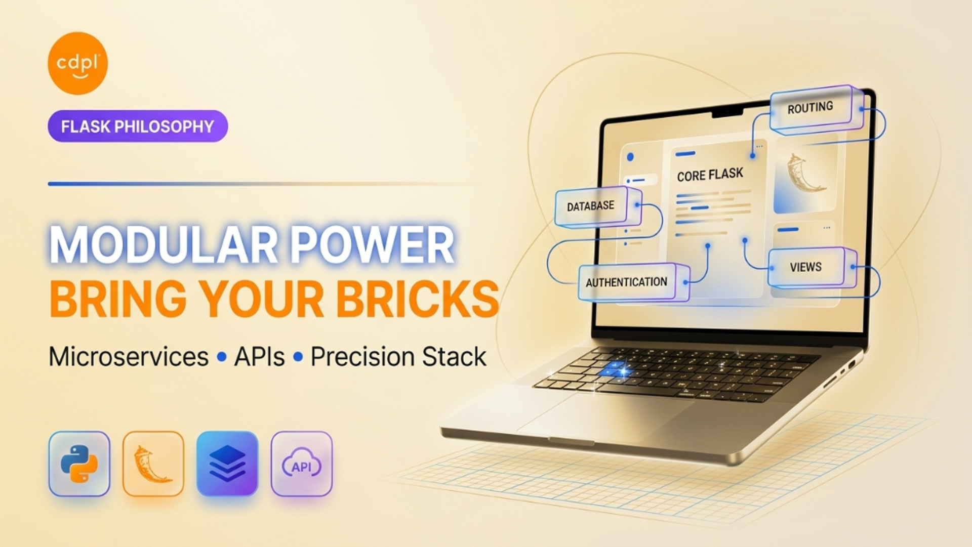 CDPL promotional graphic illustrating Flask's modular architecture philosophy with floating 3D stack bricks for routing, database, and authentication.