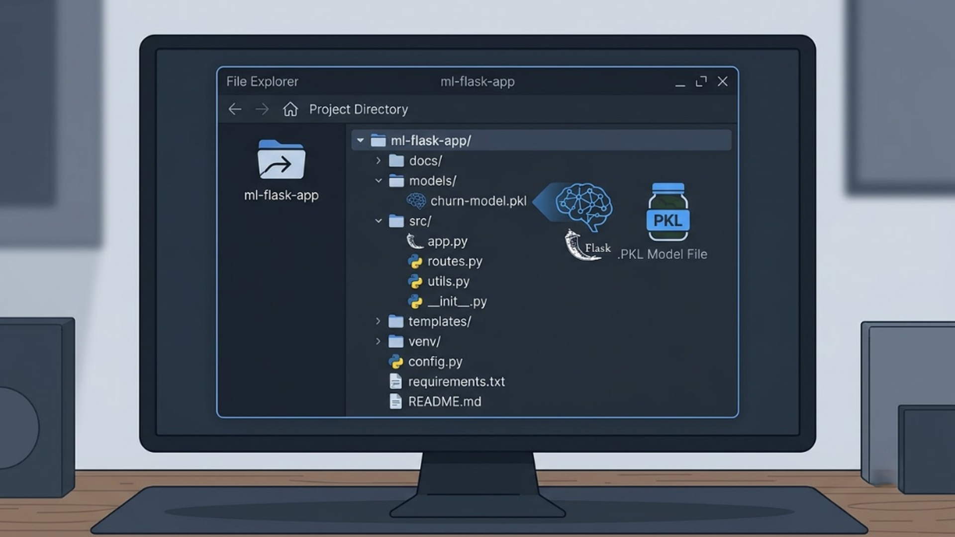 A visual representation of a Python Flask machine learning project folder directory containing app.py and a saved model file