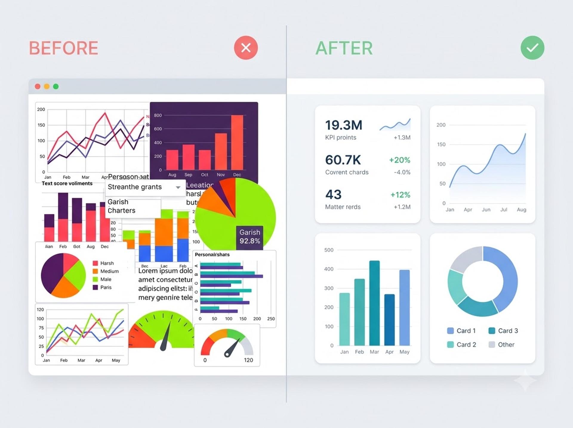 Cluttered versus clean Power BI dashboard design comparison