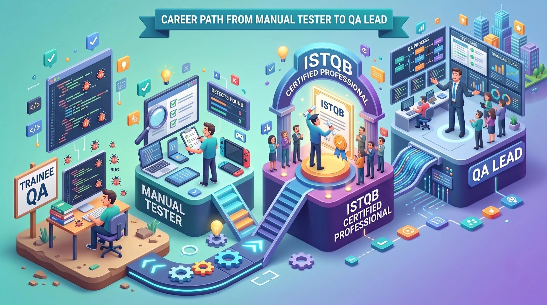 Career roadmap graphic showing progression from trainee QA to manual tester, ISTQB certified professional, and QA lead