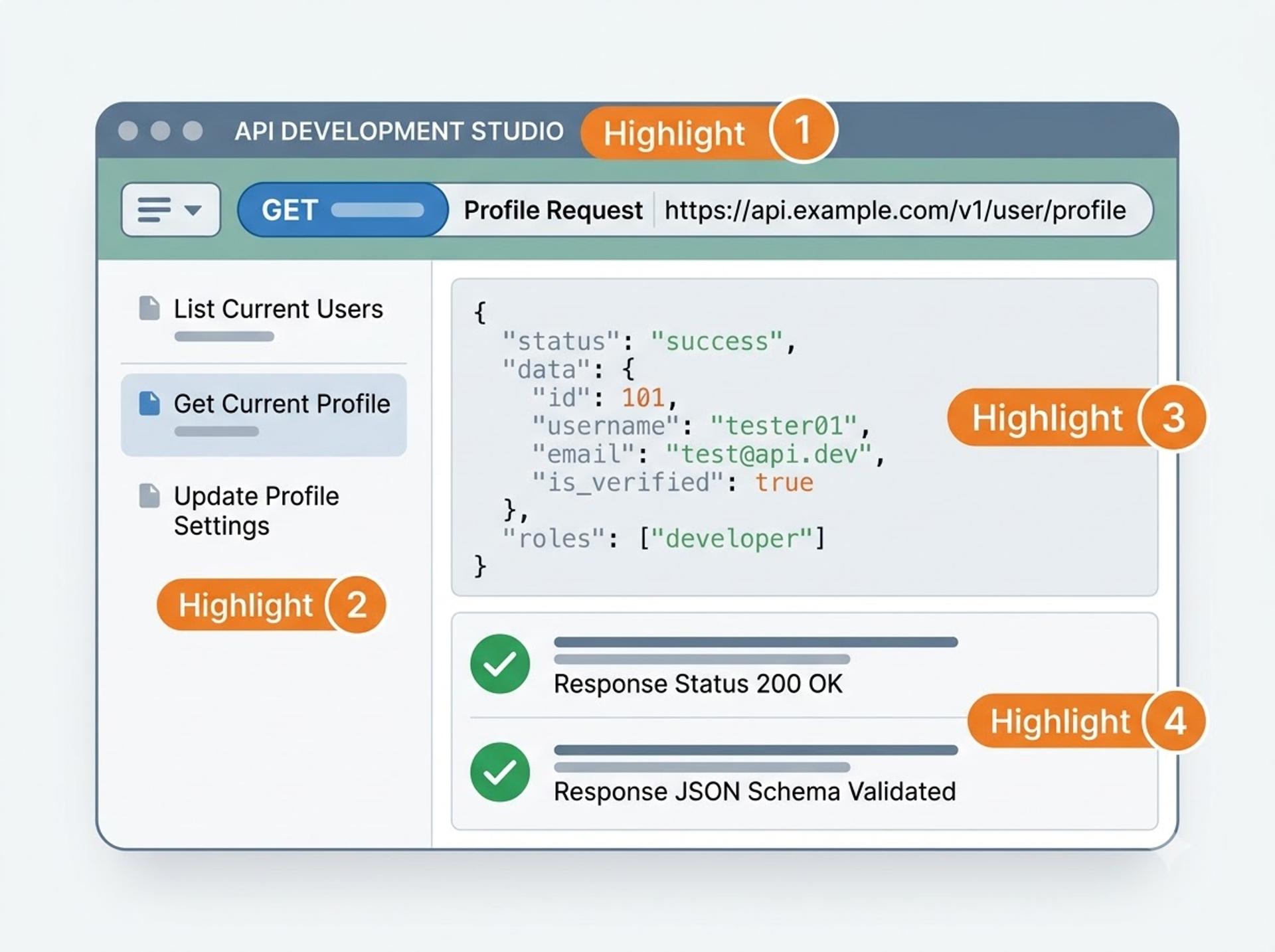 Postman-style window with a GET request and passed tests