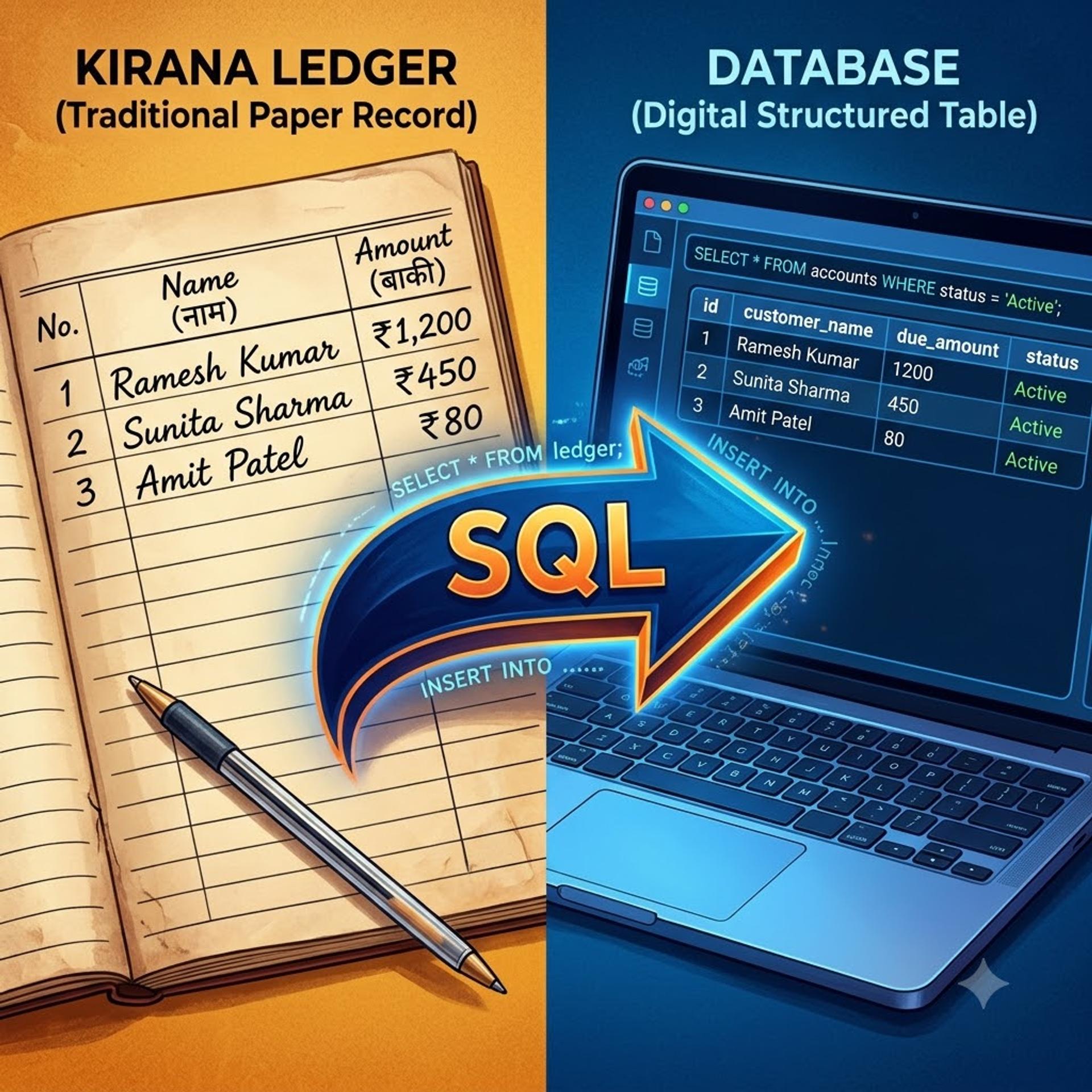 Kirana ledger compared with a database table to explain SQL for testers