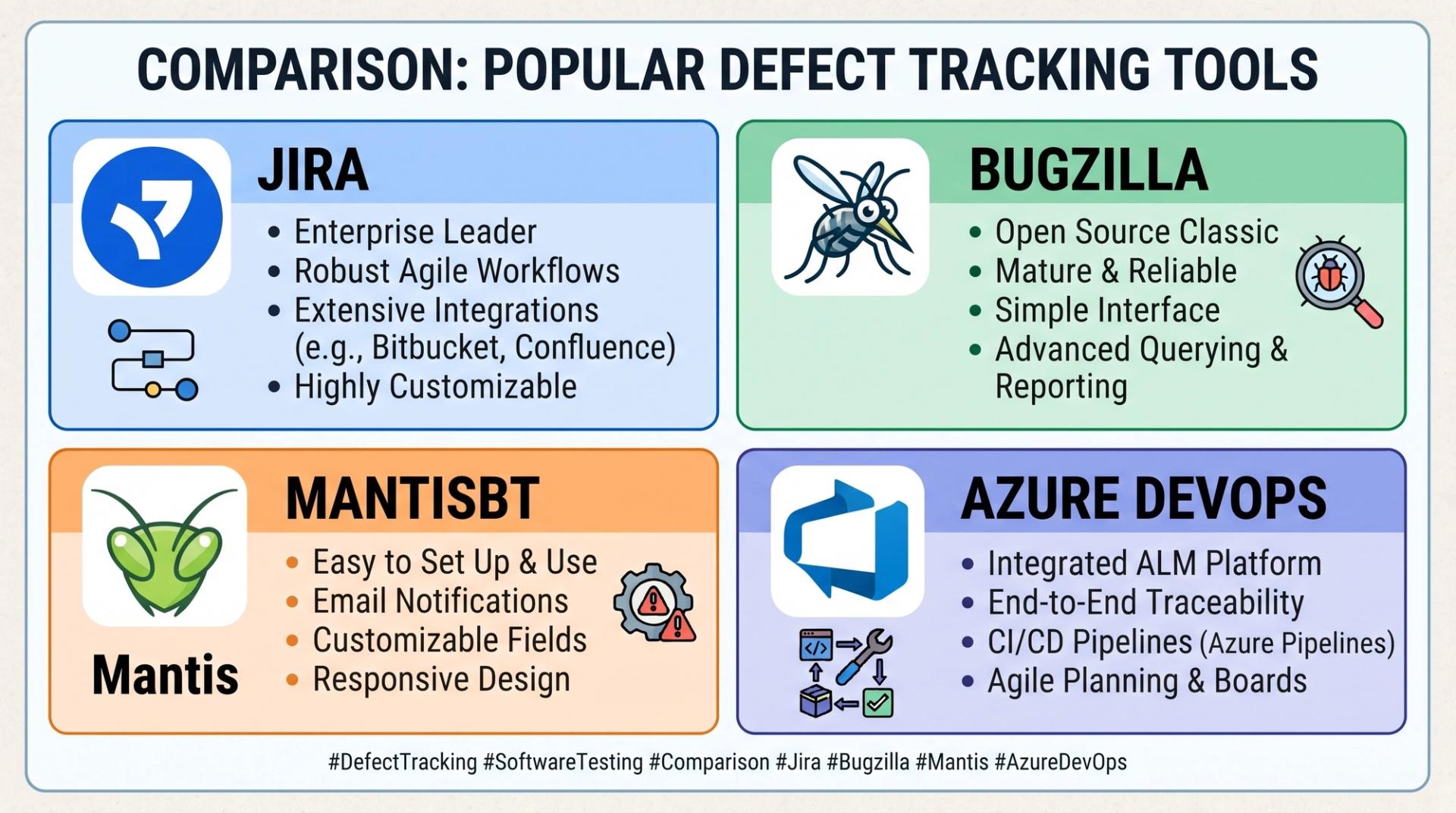 Icon grid comparing popular defect tracking tools including Jira, Bugzilla, Mantis, and Azure DevOps