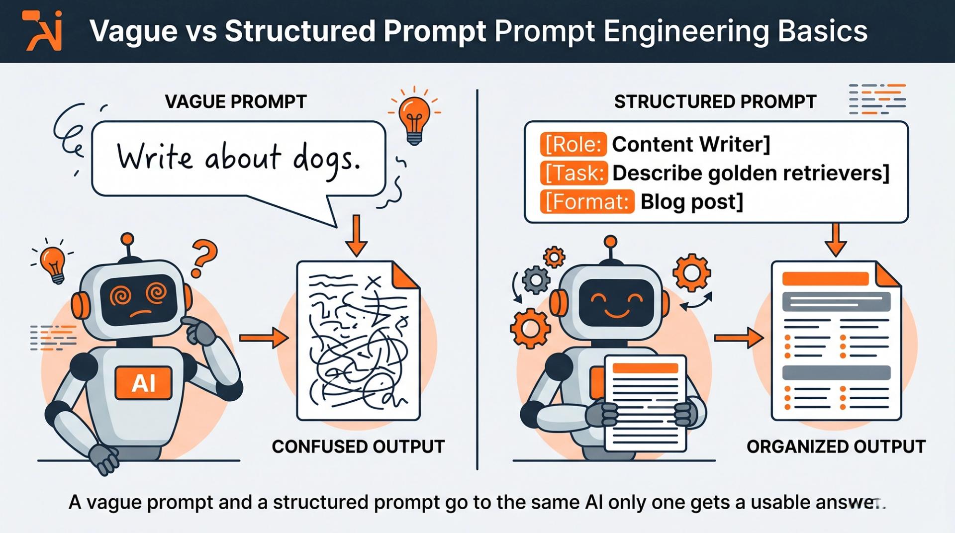 Prompt engineering example comparing a vague AI prompt with a clear structured prompt