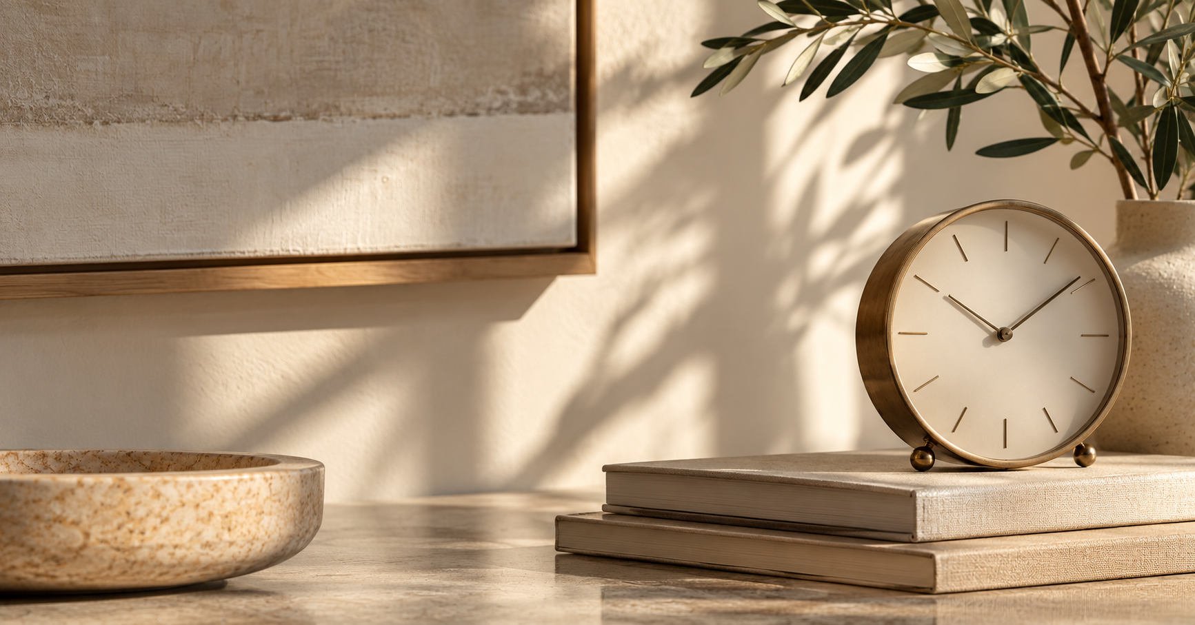 Analog clock in soft natural light against a warm neutral background.