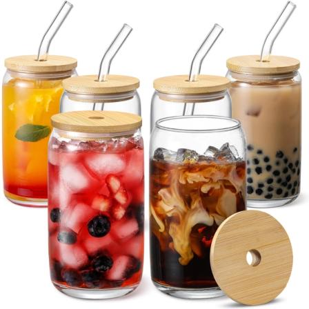 Product Image of [ 6pcs Set ] Glass Cups with Bamboo Lids and Glass Straw