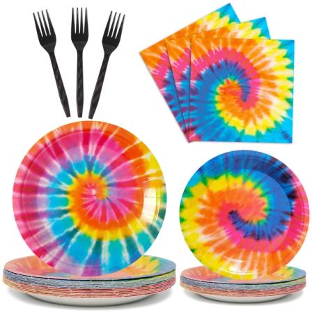 Product Image of 24 Guests Tie Dye Party Plates, Napkins, Forks, Birthday Decorations (96 Pieces)