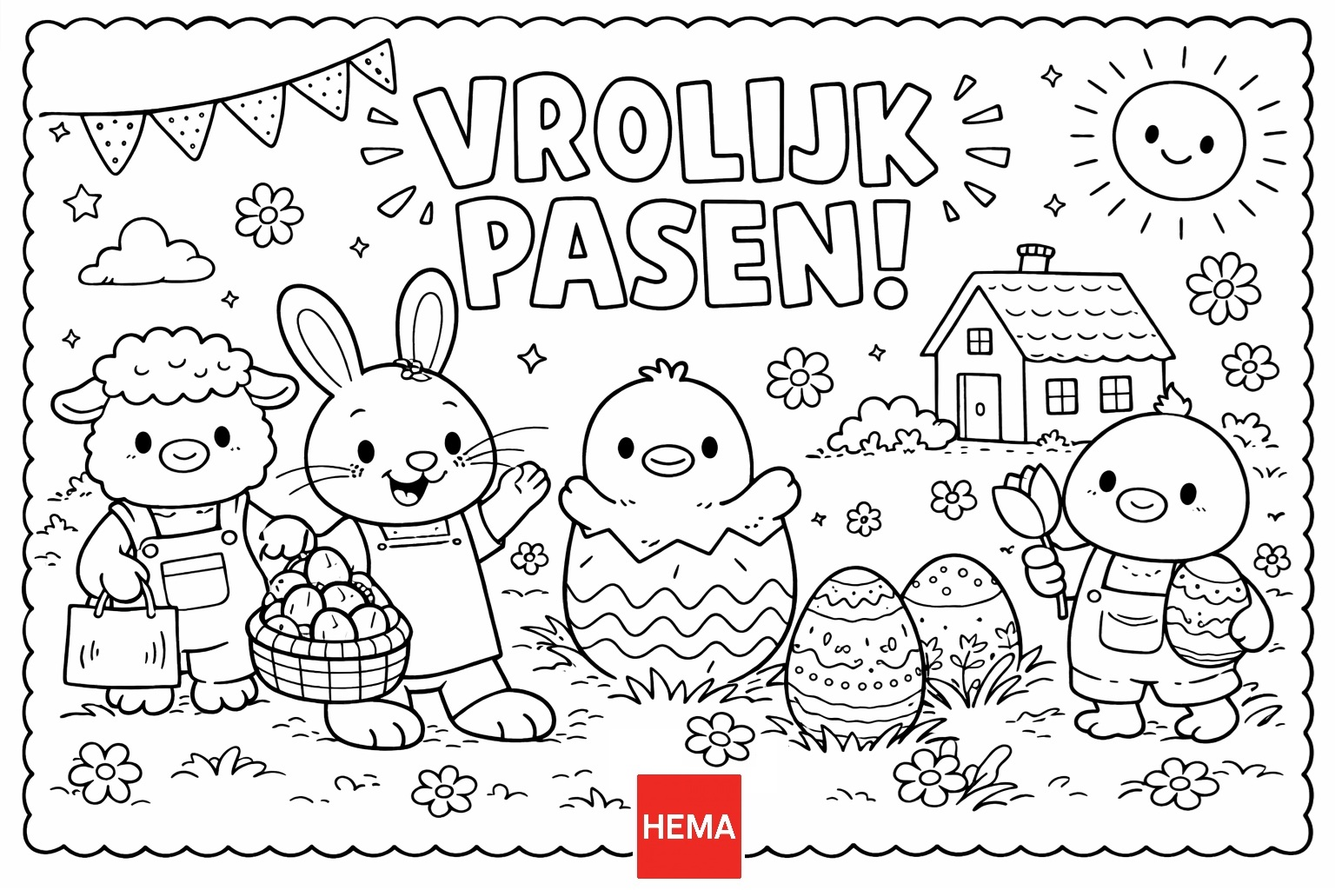 Kleurplaat met vrolijk Pasen