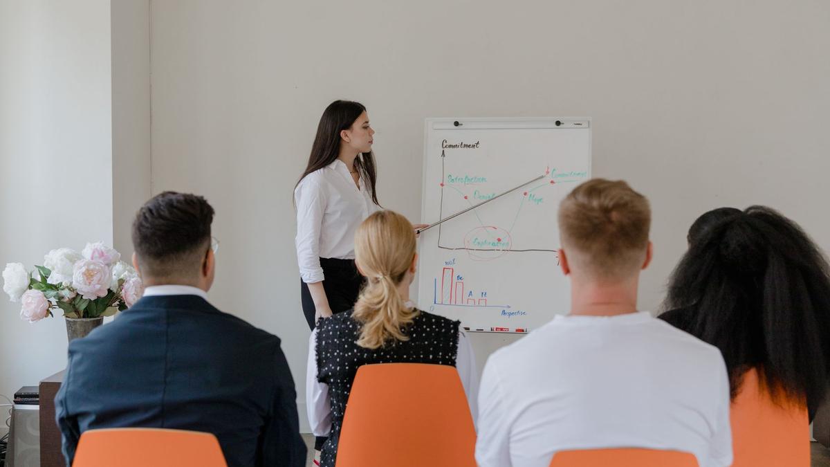 A professional conducts a presentation in an office setting to a diverse team.