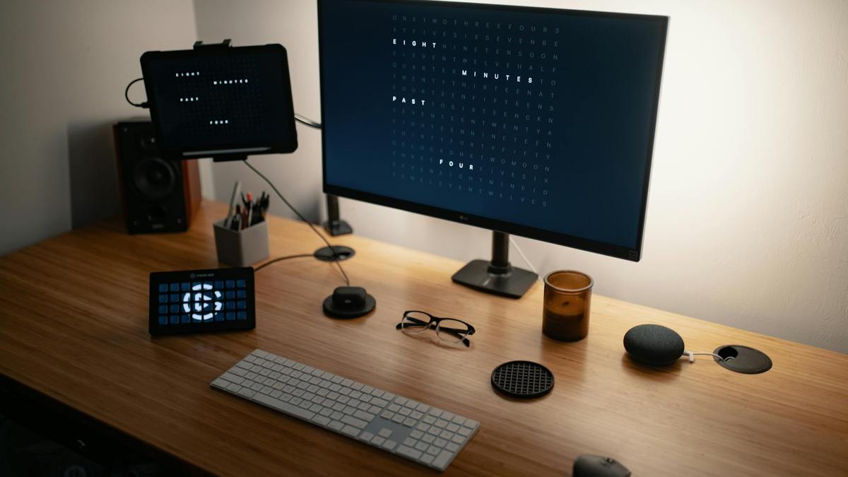 From above of flat screen computer and keyboard placed on wooden table with modern gadgets and monitors in workspace
