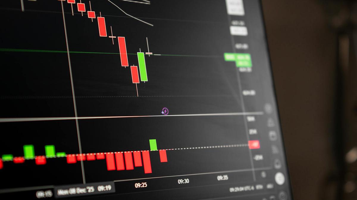A close-up of a digital screen showing stock market candlestick chart data.