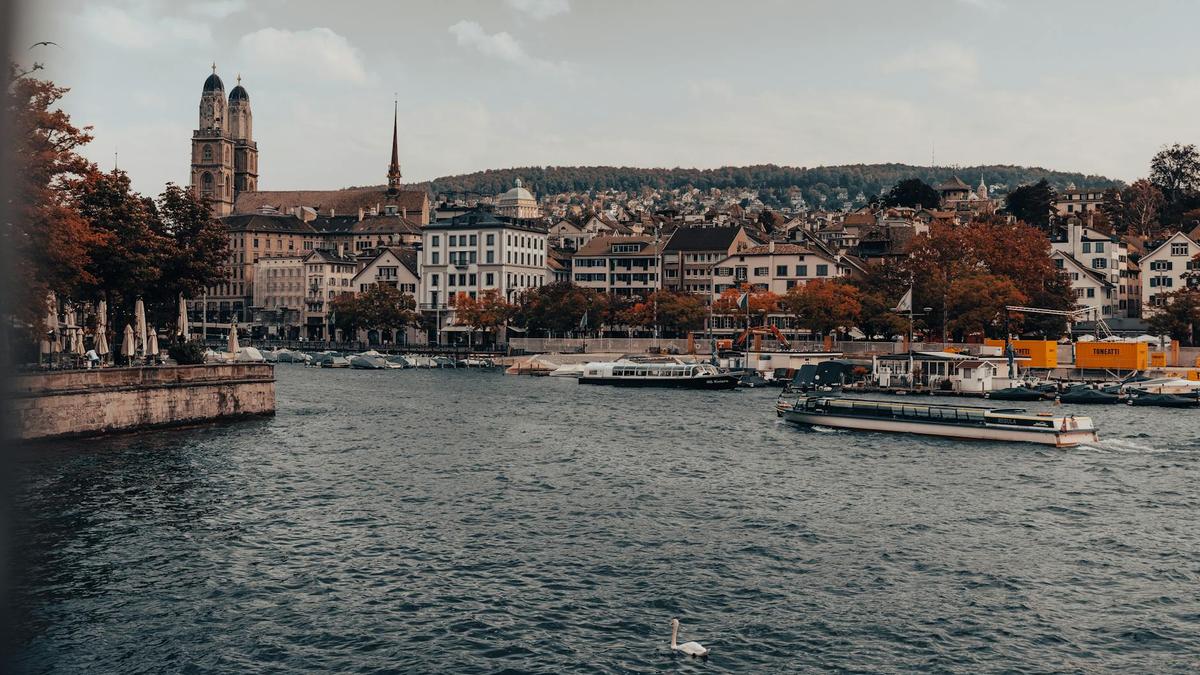 Serene autumn view of Zurich's waterfront featuring the Grossmünster church and urban architecture.