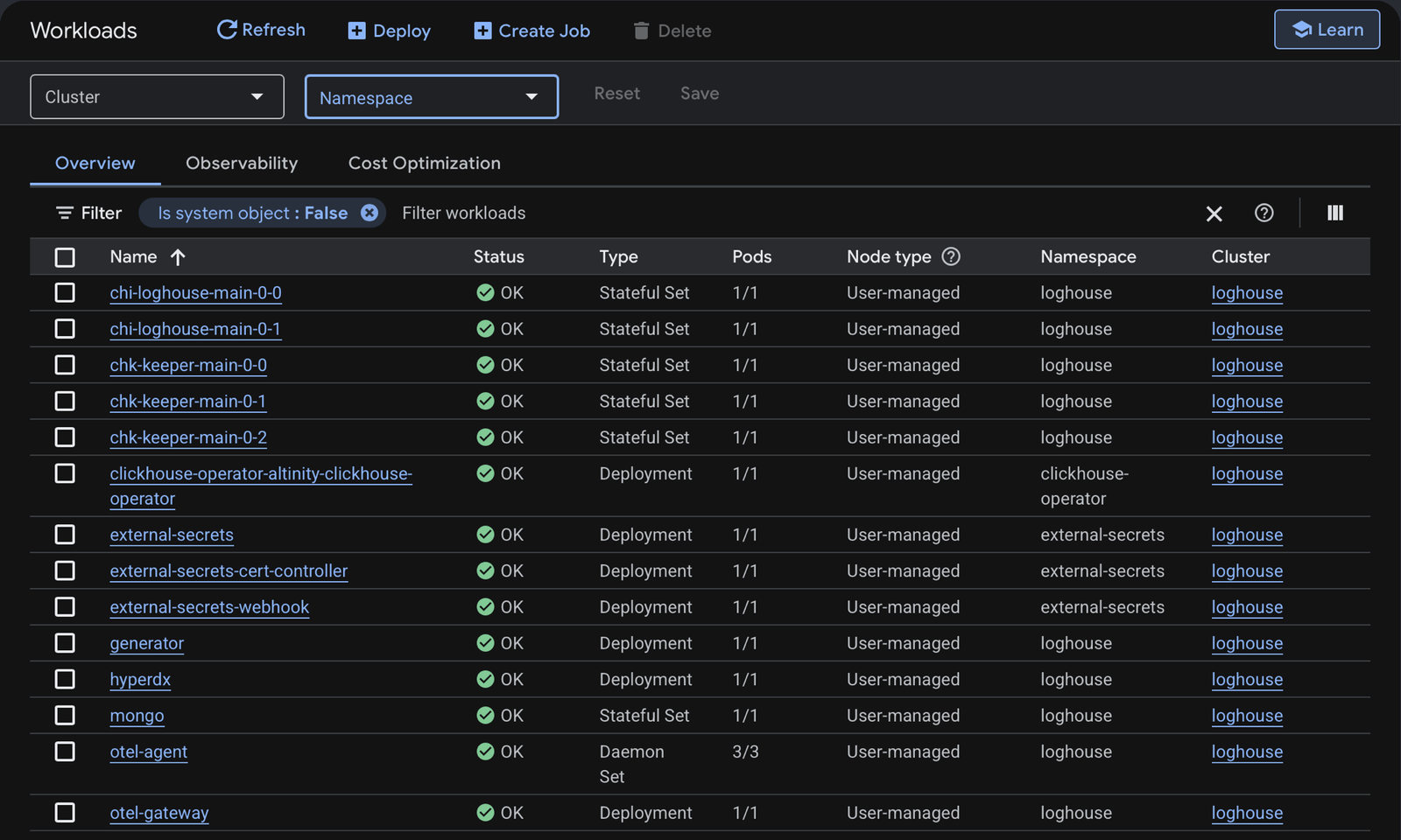 GKE Workloads page: five StatefulSets for two ClickHouse replicas and three Keepers, Deployments for the operators, generator, HyperDX and the OTel gateway, and the otel-agent DaemonSet with 3/3 pods.