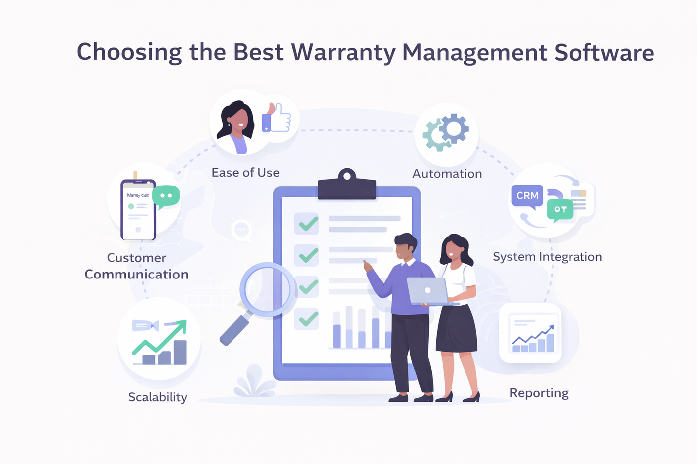 Visual highlighting key warranty software features like ease of use, automation, system integration, reporting, scalability, and customer communication