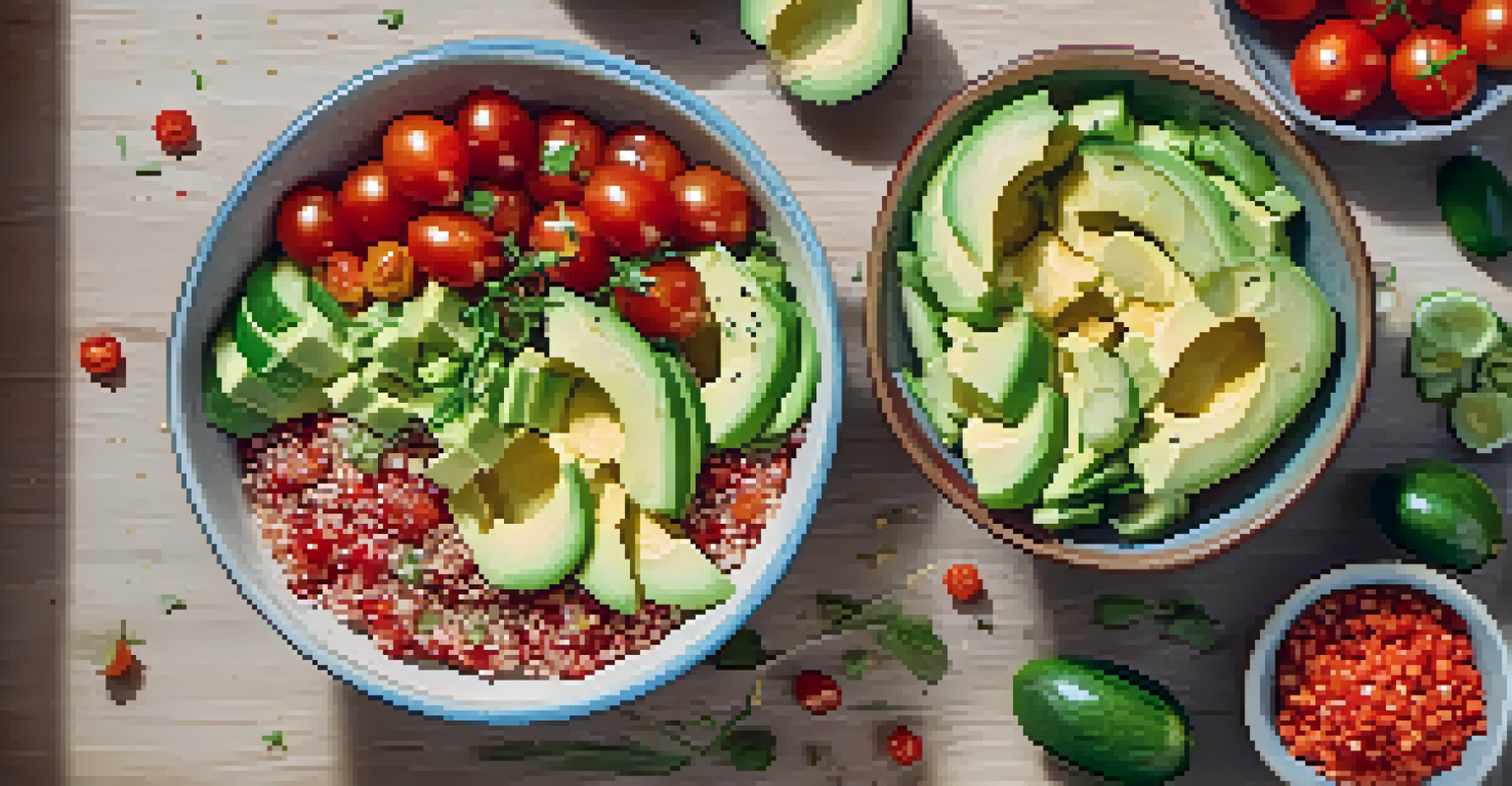 An overhead view of a quinoa bowl with tomatoes, cucumber, and avocado on a wooden table, lit by soft sunlight.