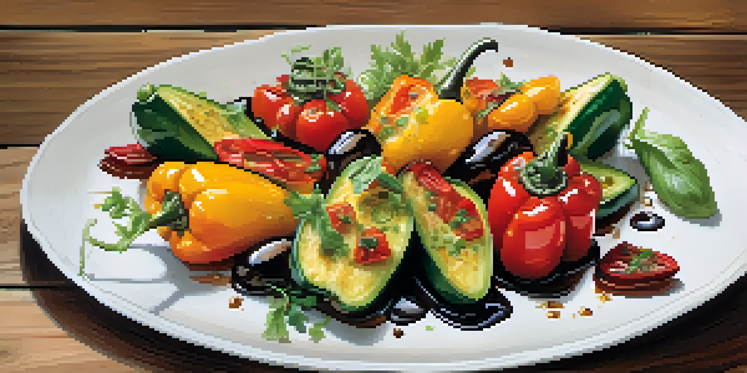 A colorful vegetarian dish with roasted seasonal vegetables, garnished with herbs and balsamic reduction on a wooden table.