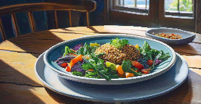 A colorful plant-based meal on a rustic wooden table, featuring roasted vegetables, quinoa, and a vibrant salad, with natural light illuminating the scene.