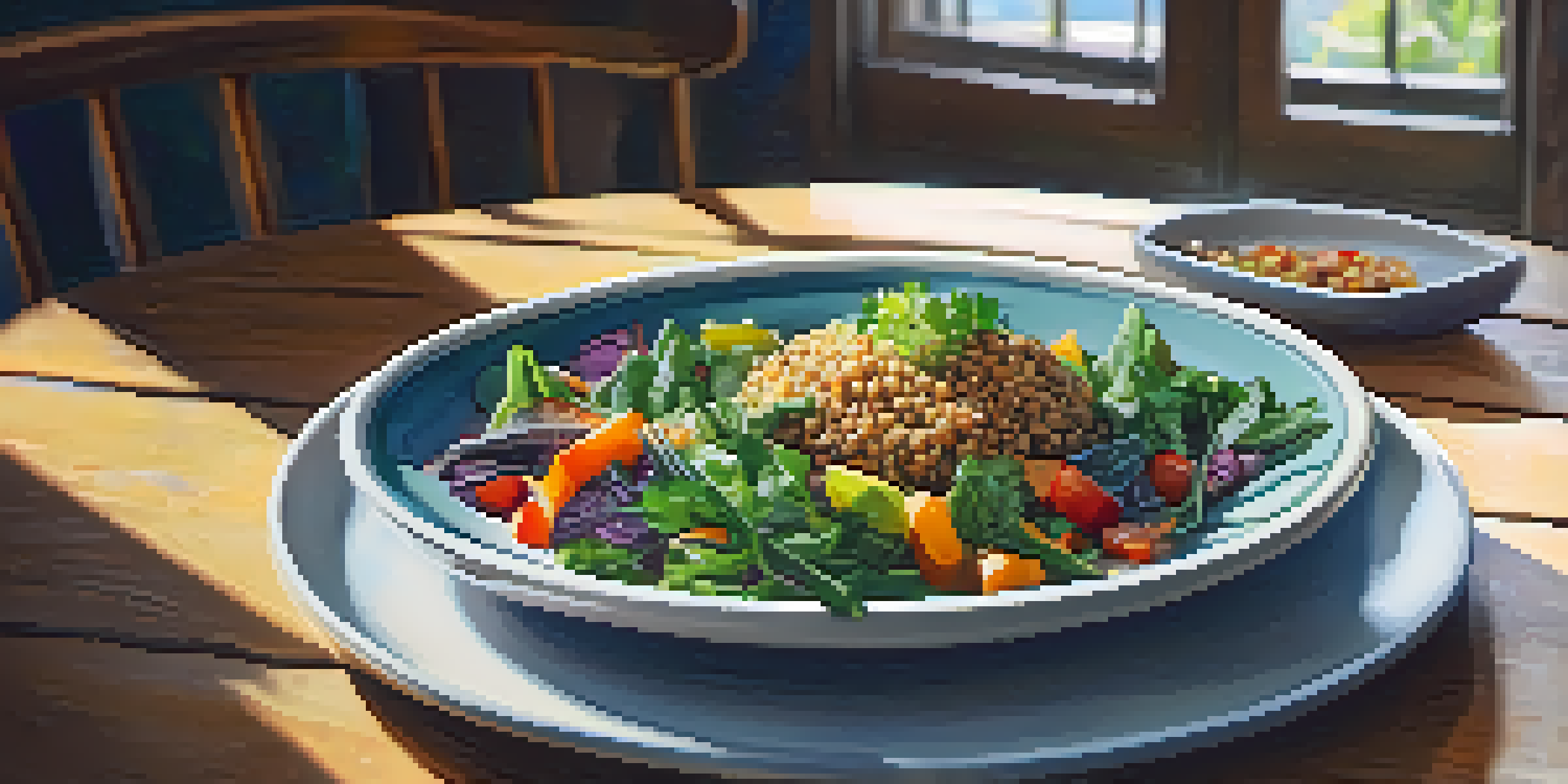 A colorful plant-based meal on a rustic wooden table, featuring roasted vegetables, quinoa, and a vibrant salad, with natural light illuminating the scene.