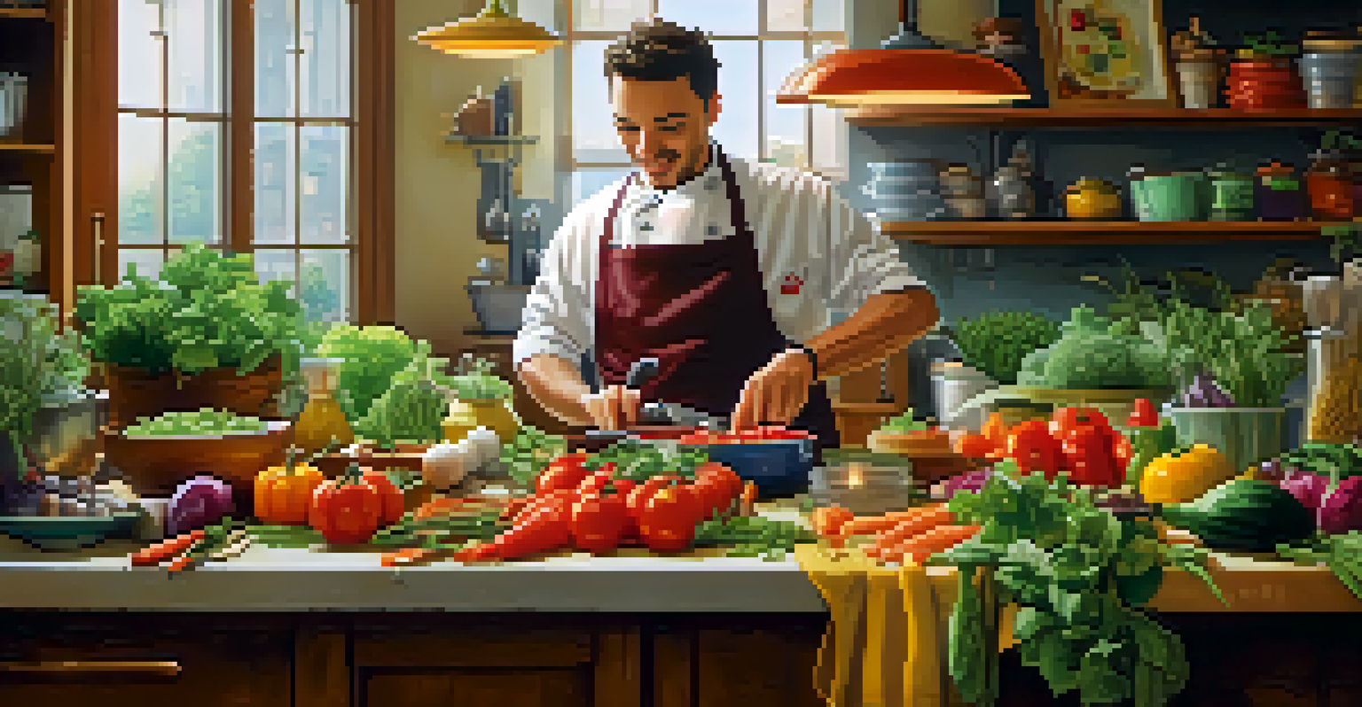 A cheerful kitchen filled with fresh vegetables and herbs, as a chef prepares a colorful plant-based meal.