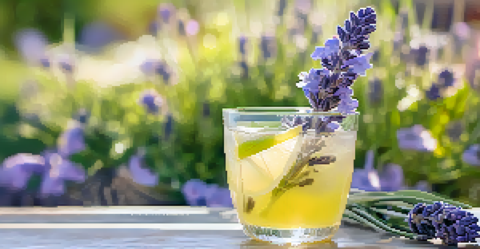 A glass of lavender lemonade garnished with flowers, set on a sunny patio table surrounded by a blooming garden.
