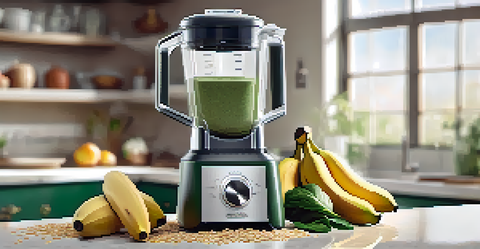A close-up of a blender with oats, spinach, and bananas, surrounded by scattered oats and fruits in a bright kitchen.