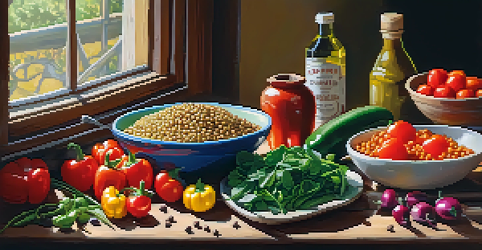 A vibrant vegetarian meal with fresh vegetables, legumes, and grains on a wooden table, illuminated by sunlight.