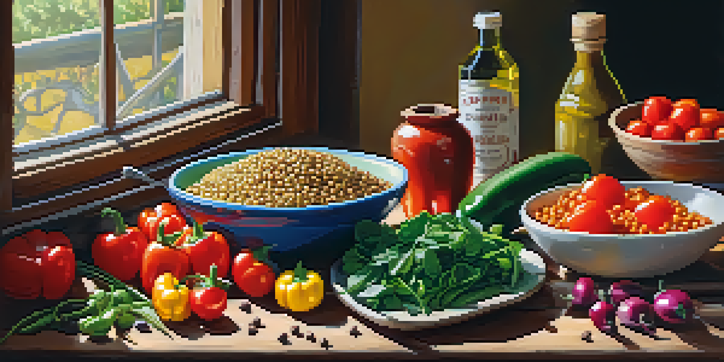 A vibrant vegetarian meal with fresh vegetables, legumes, and grains on a wooden table, illuminated by sunlight.