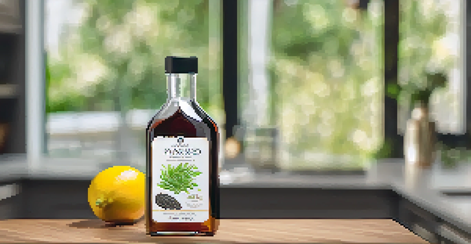 A close-up of a dark glass bottle of flaxseed oil on a wooden countertop, surrounded by flaxseeds, a salad, and a slice of lemon, with soft natural light.