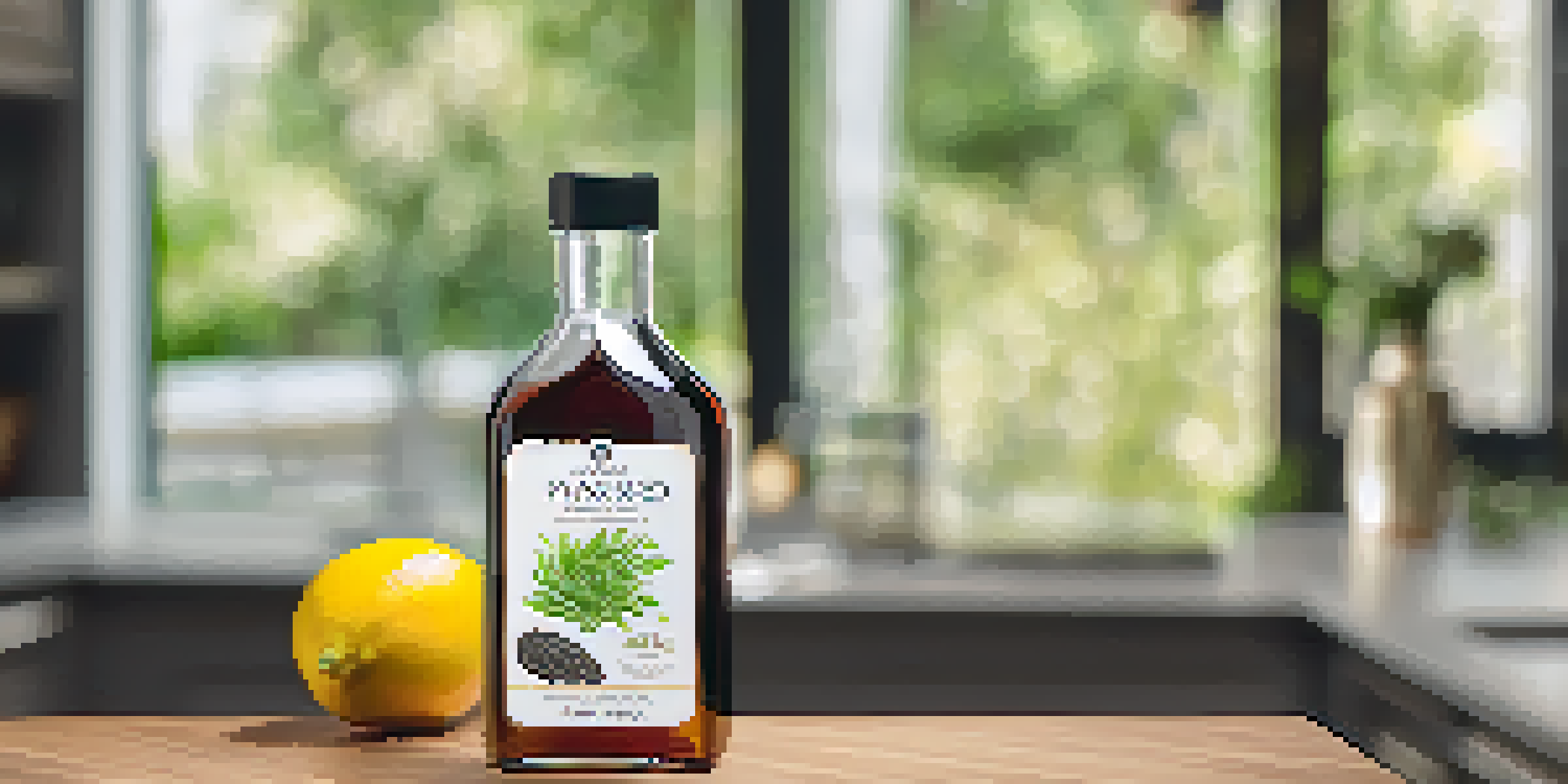 A close-up of a dark glass bottle of flaxseed oil on a wooden countertop, surrounded by flaxseeds, a salad, and a slice of lemon, with soft natural light.