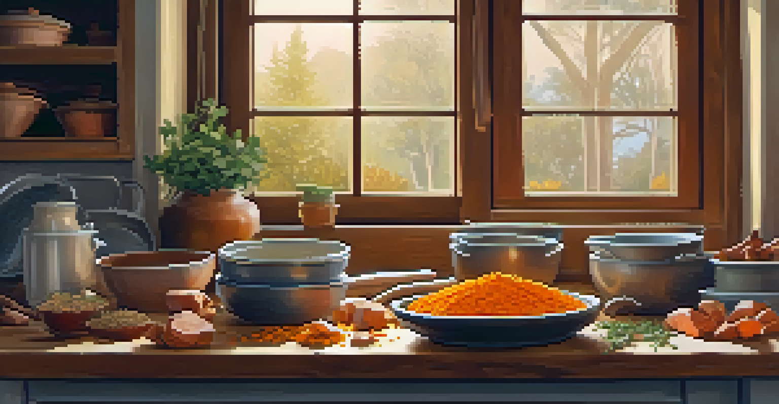 A wooden cutting board with diced sweet potatoes and spices in a rustic kitchen setting, illuminated by soft light.