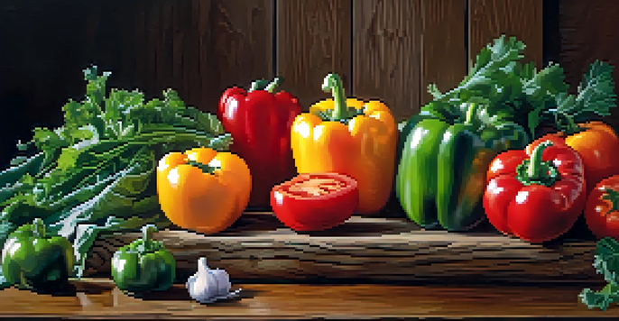 A variety of fresh vegetables displayed on a wooden table, showcasing bright colors and textures.