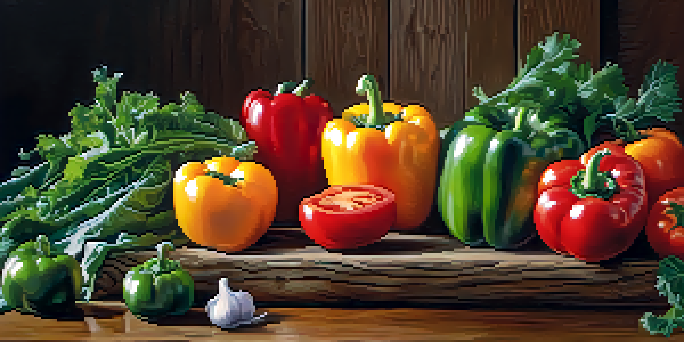 A variety of fresh vegetables displayed on a wooden table, showcasing bright colors and textures.