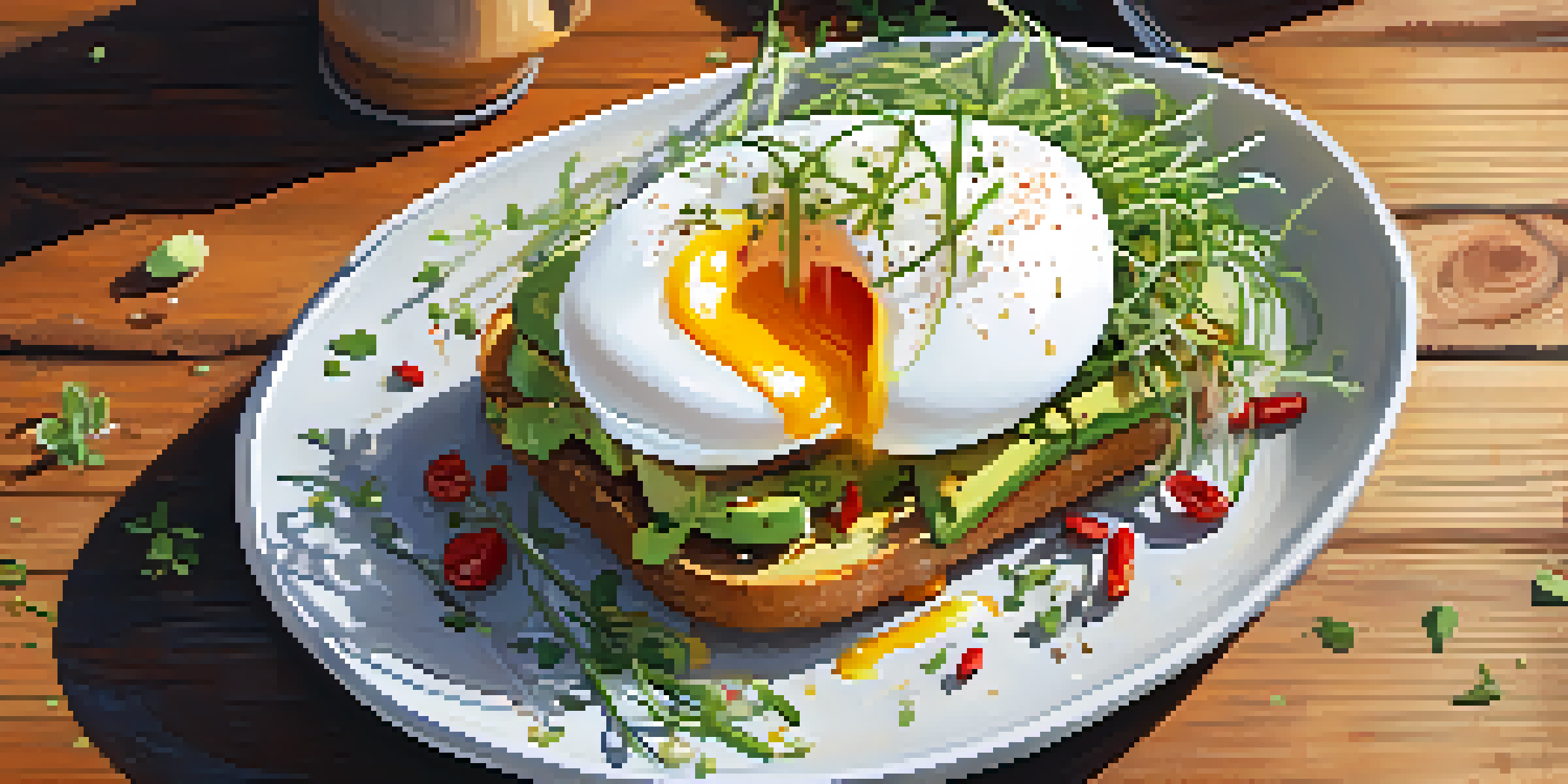 A breakfast plate with avocado toast and a poached egg, garnished with chili flakes and microgreens on a wooden table in morning light.