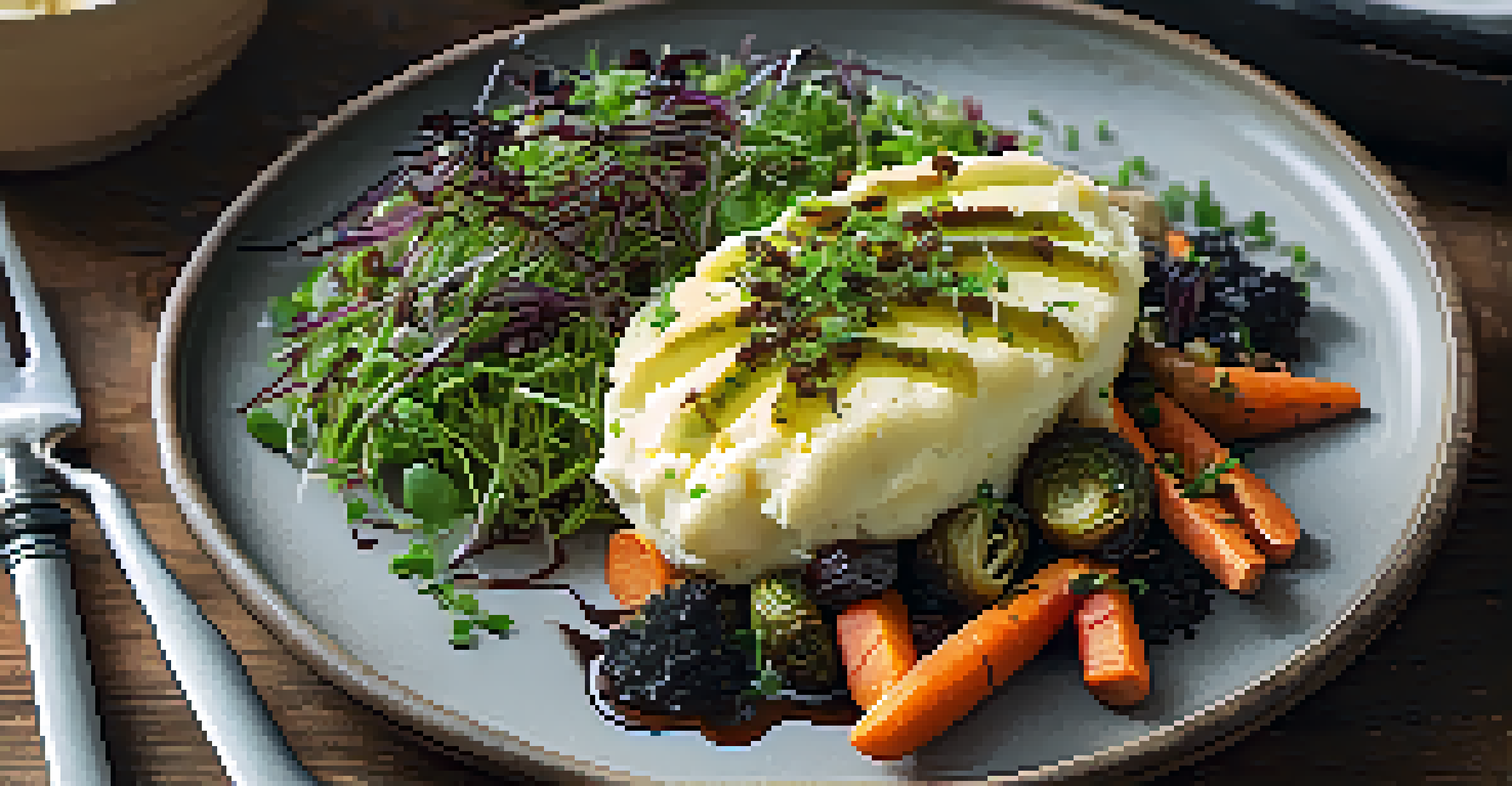 A well-plated vegetarian dish featuring creamy mashed potatoes and crispy roasted vegetables, garnished beautifully.