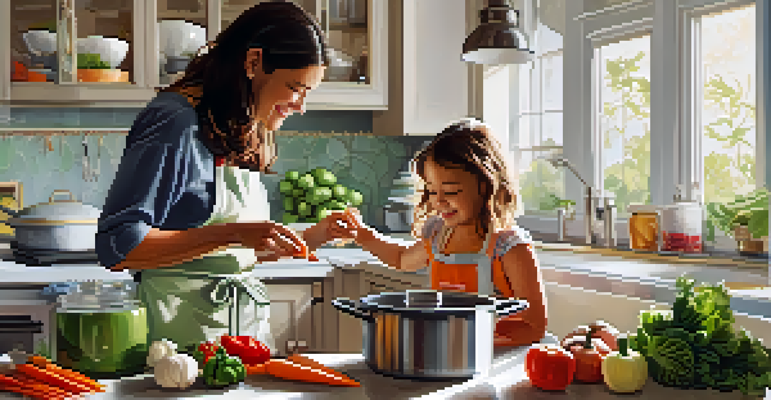 A parent and child cooking together in a cozy kitchen, with fresh ingredients and playful vegetable shapes.