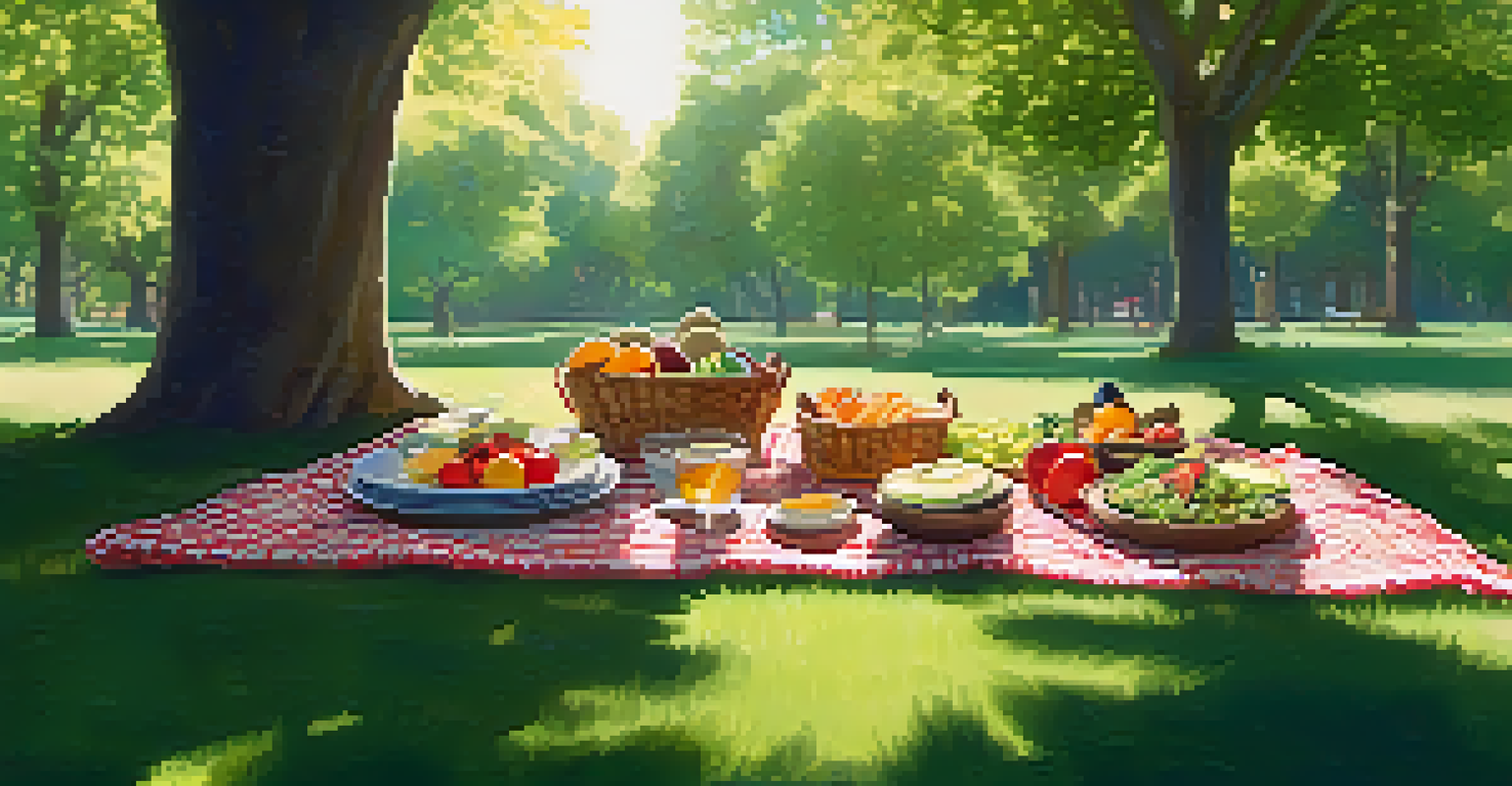 An outdoor picnic with a blanket on the grass, showcasing a variety of vegetarian dishes in a sunny park.