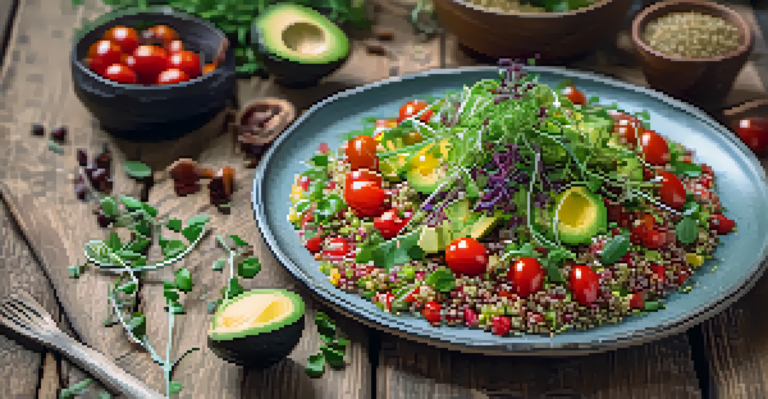A plate of colorful vegan quinoa salad garnished with tomatoes and avocado on a rustic wooden table.