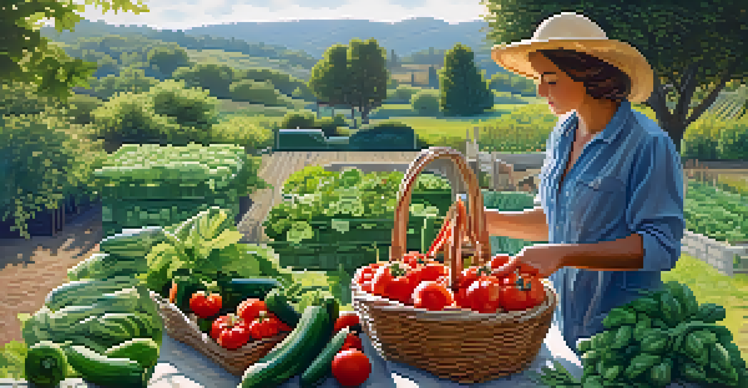A person harvesting fresh vegetables from a garden, with a basket of tomatoes and bell peppers under a bright sky.