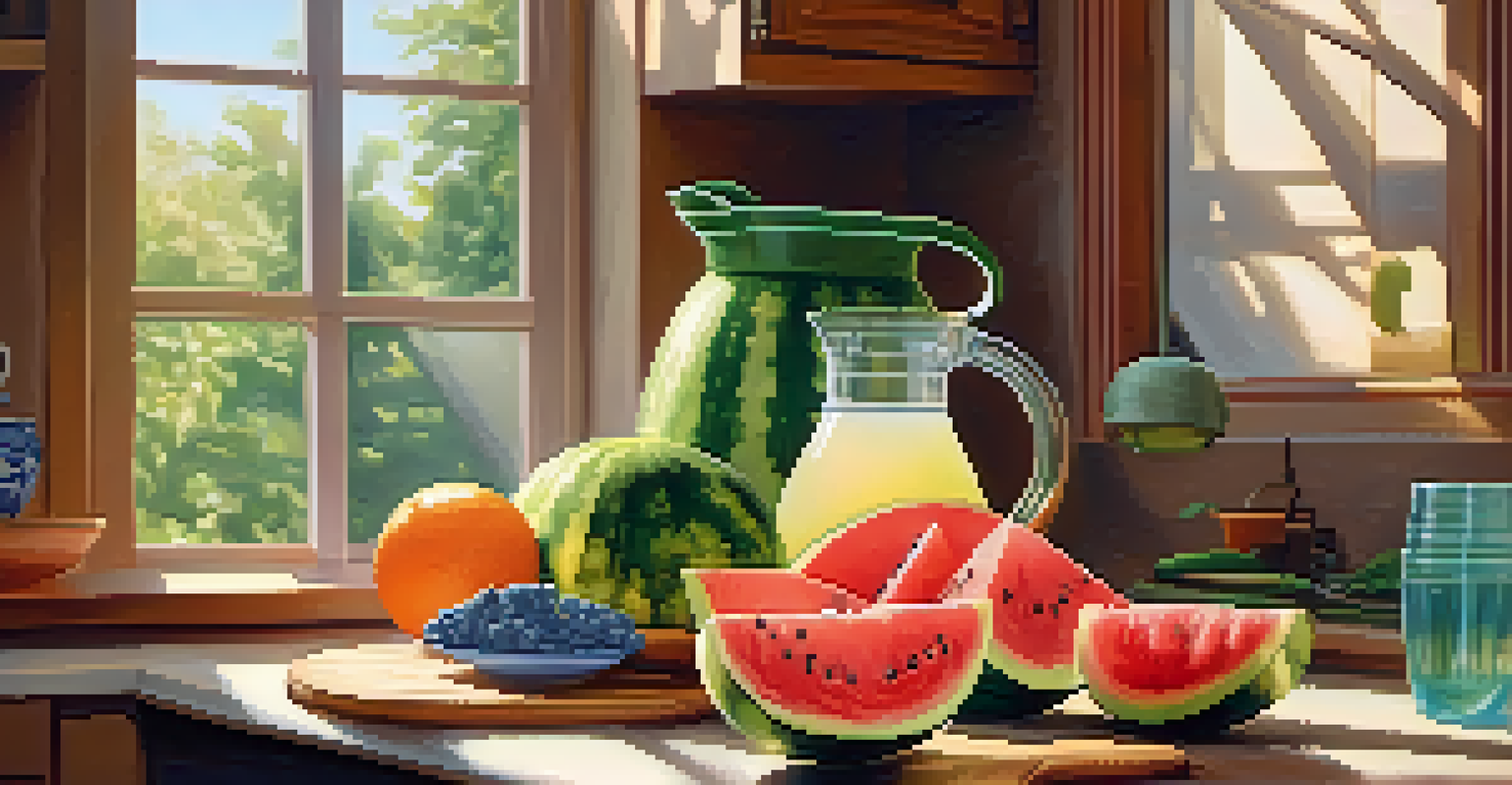 A wooden cutting board with colorful fruits like watermelon and cucumbers, with a pitcher of infused water in a sunny kitchen.