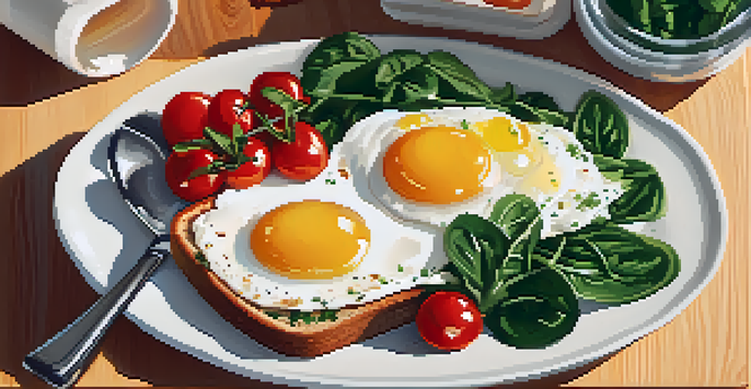 A breakfast plate with a sunny-side-up egg, sautéed spinach, cherry tomatoes, and whole-grain toast, illuminated by morning sunlight.