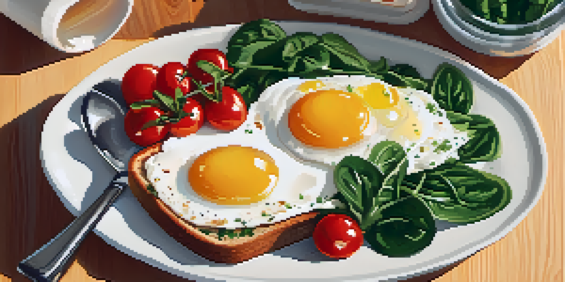 A breakfast plate with a sunny-side-up egg, sautéed spinach, cherry tomatoes, and whole-grain toast, illuminated by morning sunlight.